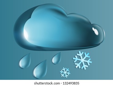 glass cloud, raindrops and snowflakes on a blue background