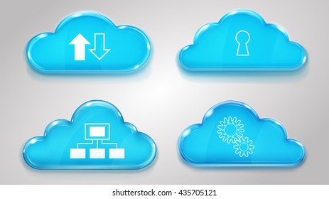 Glass clouds with icons of cloud services in light blue colors
