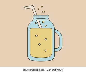 A glass with a cocktail or carbonated lemonade and a drinking straw. Vector isolated cartoon retro illustration.