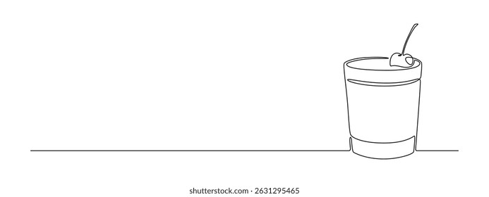 Glass of cocktail in continuous one line drawing. Alcohol shot and beverage bar in simple linear style. Drink menu in editable stroke. Doodle contour vector illustration