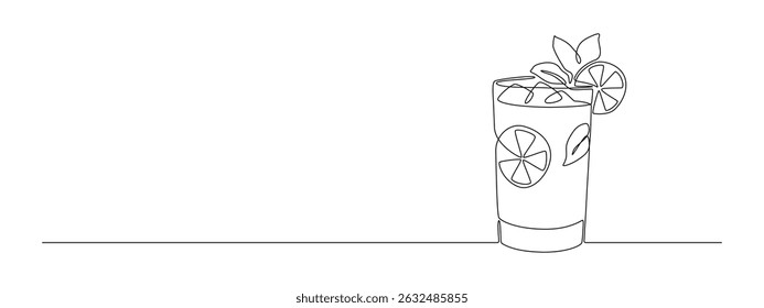 Glass of cocktail in continuous one line drawing. Mojito and beverage bar in simple linear style. Alcohol drink menu in editable stroke. Doodle oneline vector illustration
