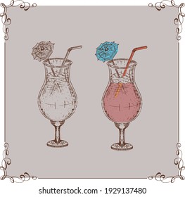 a glass with a cocktail drawn in a hand-drawn style two options on a beige background in a frame will be suitable for menu decoration