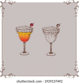 a glass with a cocktail drawn in a hand-drawn style two options on a beige background in a frame will be suitable for menu decoration