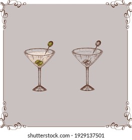 a glass with a cocktail drawn in a hand-drawn style two options on a beige background in a frame will be suitable for menu decoration