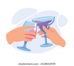 Glass with Cocktail Drink in Hands Clinking Together Vector Illustration