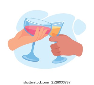 Glass with Cocktail Drink in Hands Clinking Together Vector Illustration