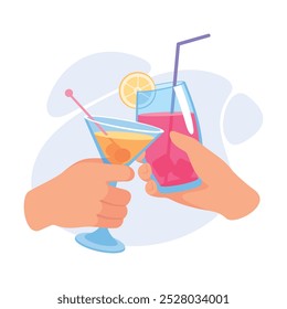 Glass with Cocktail Drink in Hands Clinking Together Vector Illustration