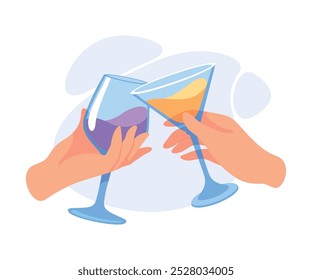 Glass with Cocktail Drink in Hands Clinking Together Vector Illustration