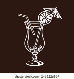 Glass of cocktail in flat style. Vector illustration for greeting cards, postcards, invitations, menu design, icons. Line art template