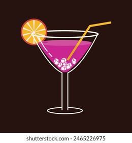 Glass of cocktail in flat style. Vector illustration for greeting cards, postcards, invitations, menu design, icons. Line art template