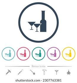 Glass and cocktail glasses solid flat color icons in round outlines. 6 bonus icons included.