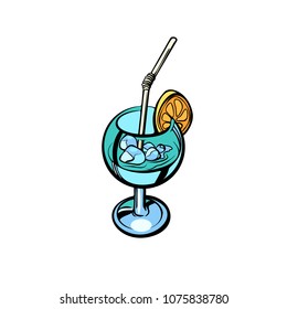 Glass of cocktail with ice and lemon. Comic cartoon pop art retro illustration vector drawing