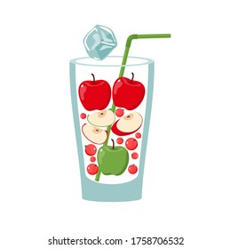 Glass with cocktail ingredients: red Apple, green Apple, Apple slices, red currant, cocktail tube and ice cube. Vector drawing on a white background isolated.