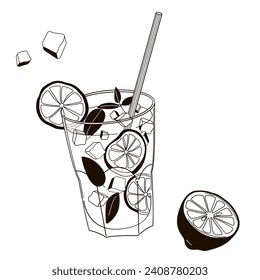 glass of cocktail with lemon, mint and ice, mojito