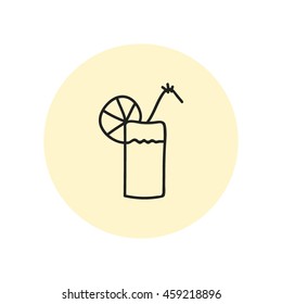glass with a cocktail, lemon slice and drinking straw. Vector hand drawn illustration