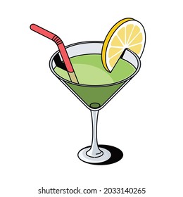 Glass cocktail with lemon. Vector 3d sketch line isometric, color icon illustration, flat style. Creative design idea and elements for infographics and website.