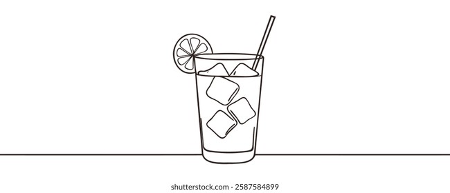 Glass of cocktail or lemonade with ice cubes. Continuous line drawing.