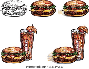 Glass with cocktail and meat burger black and white line drawing, color watercolor drawing with ink vector for menu