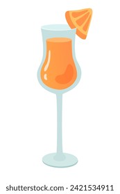 Glass of cocktail mimosa with orange vector illustration. Cartoon summer alcohol drink isolated on white background. Celebration with toasts and cheering. Party time. Beverage menu concept.