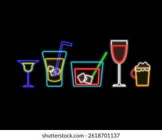 A glass of cocktail neon sign.Neon light bottle party vector. Cheers toast neon cocktail fashion sign night light signboard glowing.