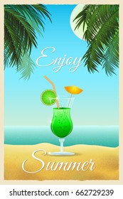 Glass with a cocktail on the background of the sea landscape. Vector illustration.