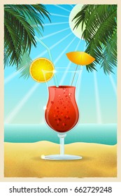 Glass with a cocktail on the background of the sea landscape. Vector illustration.