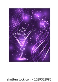 a glass with a cocktail on a lilac background with neon lights and effects