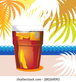 Glass with cocktail and palm leafs