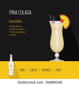 Glass of cocktail pina colada on black background. Cocktail menu card, recipe. Flat design style, vector illustration.