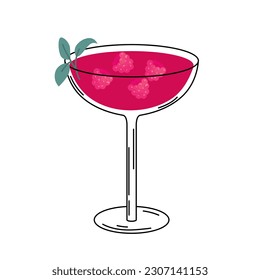 Glass of cocktail with raspberry. Summer cocktail isolated on white background. Pink alcoholic drink with ice cubes and berries and mint. Cocktail for menu, bar. Vector illustration