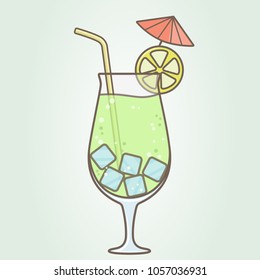 a glass with a cocktail slice of lemon with umbrella and straw. Flat vector