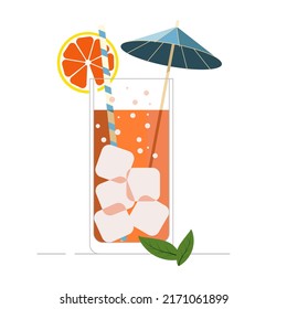 a glass with a cocktail slice of lemon with umbrella and straw. Flat vector