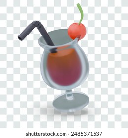 Glass with cocktail, straw, cherry. Cooling drink for relaxation. Isolated realistic template