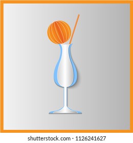 A glass for a cocktail with a straw and an orange ball. 3D illustration. Paper cut style. Eps 10 vector.