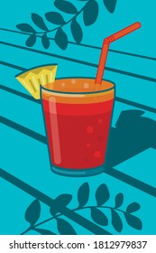 Glass with cocktail and straw.Summer concept.Illustration in flat style.