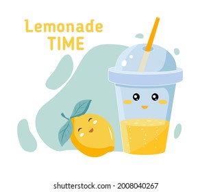 Glass and cocktail tube with lemonade or ice tea lemon slice and lemon vector illustration in a cartoon flat style KAWAI isolated on white background.