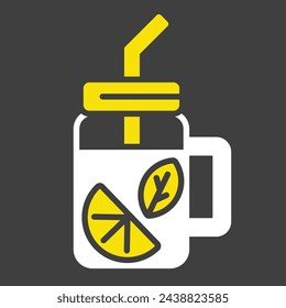 Glass and cocktail tube with lemonade or ice tea lemon slice and mint leaves vector solid icon on dark background. Graph symbol for fitness and weight loss web site and apps design, logo, app, UI