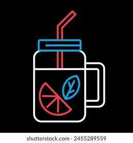 Glass and cocktail tube with lemonade or ice tea lemon slice and mint leaves vector on black background icon. Graph symbol for fitness and weight loss web site and apps design, logo, app, UI