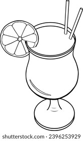 A glass with a cocktail, two straws and a lemon or orange on the rim of the glass, linear vector illustration