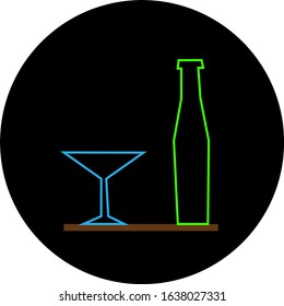 Glass for cocktails and a bottle of bright objects on a black background concept bar and alcoholic drinks logo for design