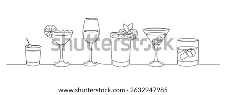 Glass of cocktails in continuous one line drawing. Margarita toast and martini cup in simple linear style. Alcohol drink menu in editable stroke. Doodle oneline vector illustration