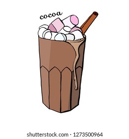 Glass of cocoa and a cup of coffee with marshmallows for a cafe menu in the vector