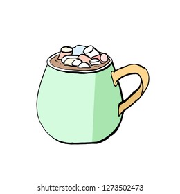 Glass of cocoa and a cup of coffee with marshmallows for a cafe menu in the vector drink for children isolated