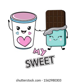 Glass with cocoa and funny chocolate in kawaii style and the inscription my sweet on a white background