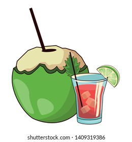 glass and cococnut cocktail icon cartoon vector illustration graphic design