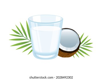 Vidrio del vector del icono de leche de coco. Vector alternativo de leche saludable. Icono de leche de coco aislada en un fondo blanco. Vidrio de agua de coco y medio vector de coco fresco
