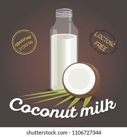 Glass of coconut milk with nut. Lactose free. Vegetarian product, flat design. Vector illustration