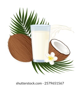 Glass of coconut milk with splashing milk, whole coconut, half coconut, plumeria flower and palm leaves