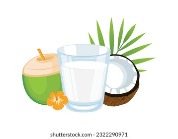 Glass of coconut milk vector illustration. Plant-based milk alternatives drawing. Glass of coconut water and fresh coconut half vector. Vegetable milk, brown and green halved coconut vector