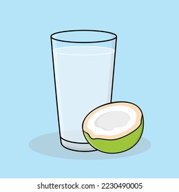 A Glass of coconut water, young coconut water, air kelapa muda, coconut water, Glass of coconut juice with cut in half cartoon vector icon logo design illustration wallpaper background
